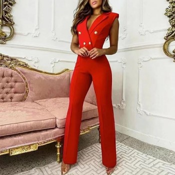 Chic European and American Spring/Summer Sleeveless Jumpsuits: Elevate Your Business Attire with Pure Color Twisted Buckle V-Neck Designs